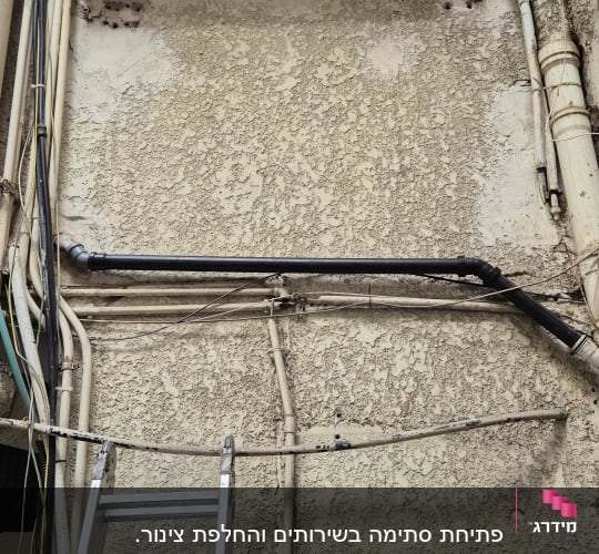 סולם ליד קיר עם צינורות חיצוניים